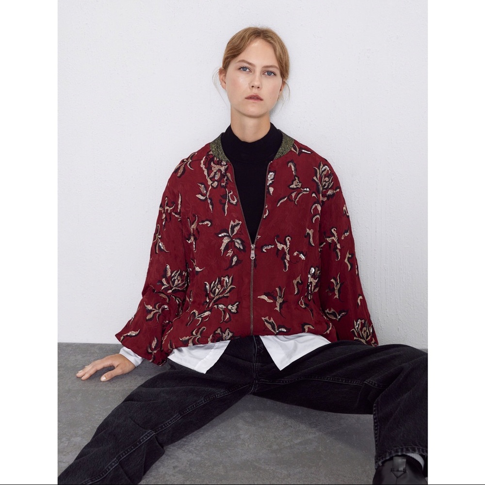 Zara Contrast Embroidery Sequin Bomber Jacket